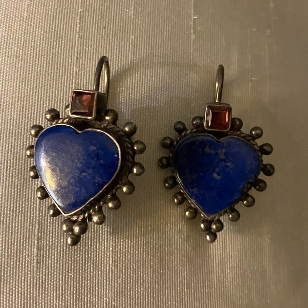 Early 1900’s heart shaped lapis and tourmaline sterling earrings